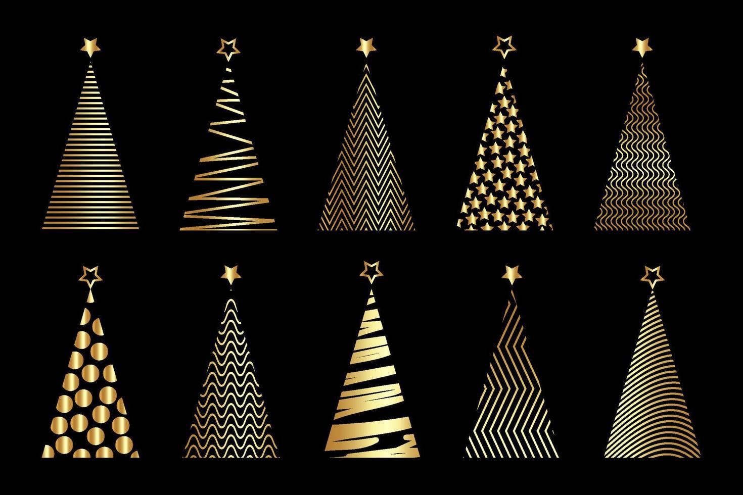 ensemble d'arbre de Noël stylisé de vecteur d'or, icône du logo festive isolé sur fond noir