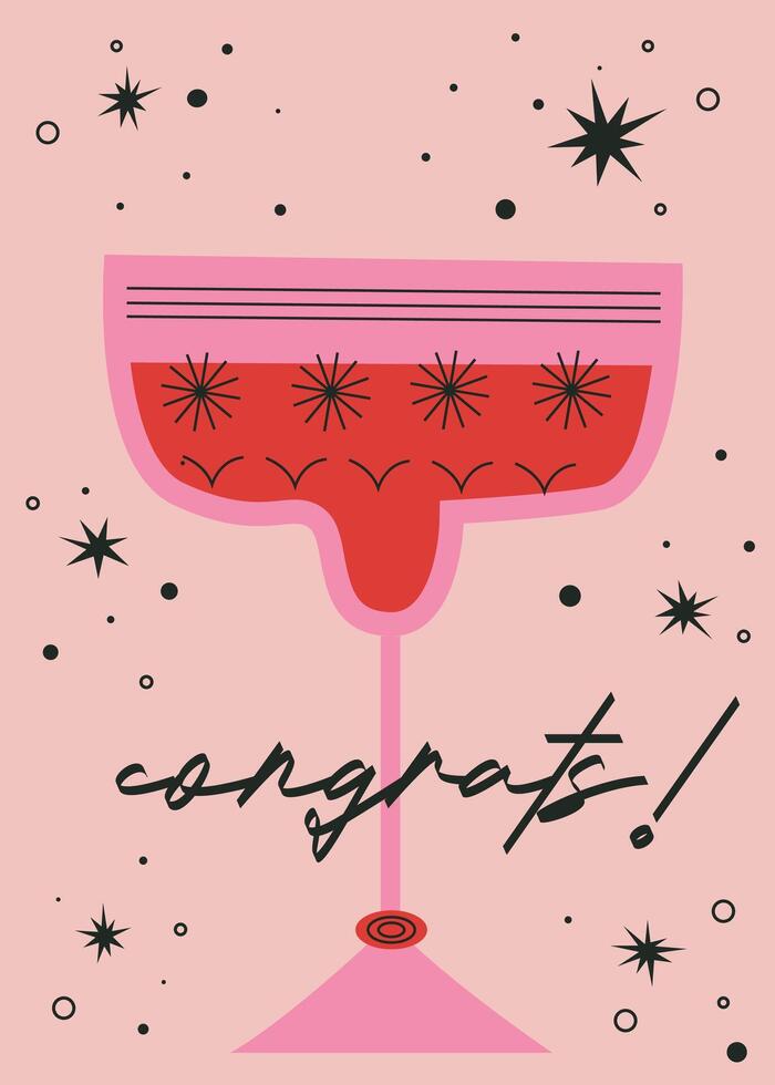 fête invitation Contexte avec rouge verre. vacances salutation carte avec félicitations caractères. fête concept sur rose Contexte avec noir étoiles et gouttes. vecteur illustration.