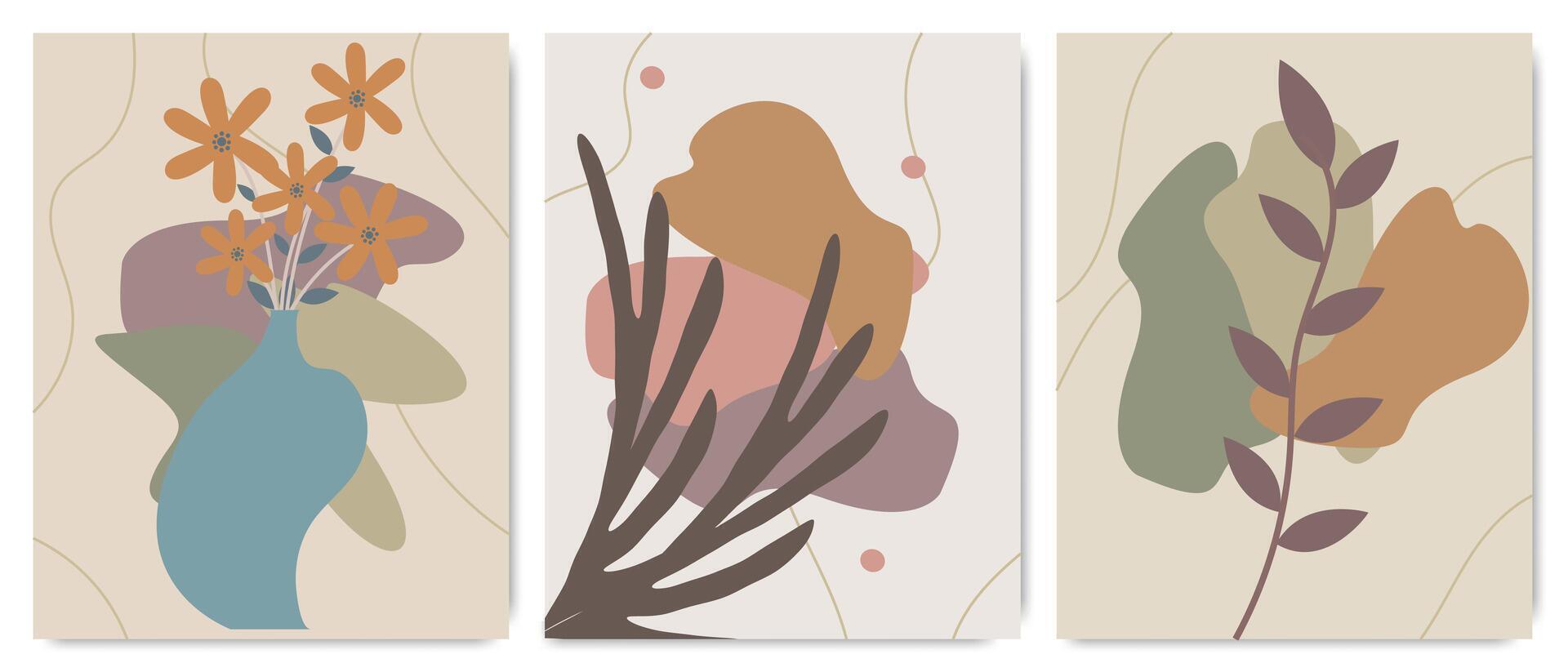 abstrait géométrique floral Naturel formes. moderne mur art affiches, boho mur décor de art illustration ensemble. vecteur