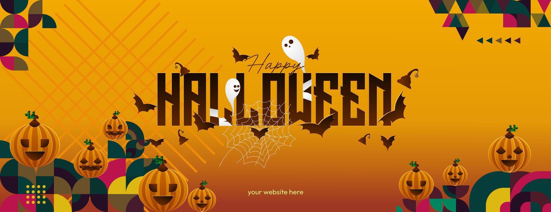 content Halloween horizontal Contexte dans géométrique style. content Halloween couverture avec citrouilles, araignée toiles et typographie. adapté pour salutation cartes et fête invitations pour Halloween célébrations vecteur