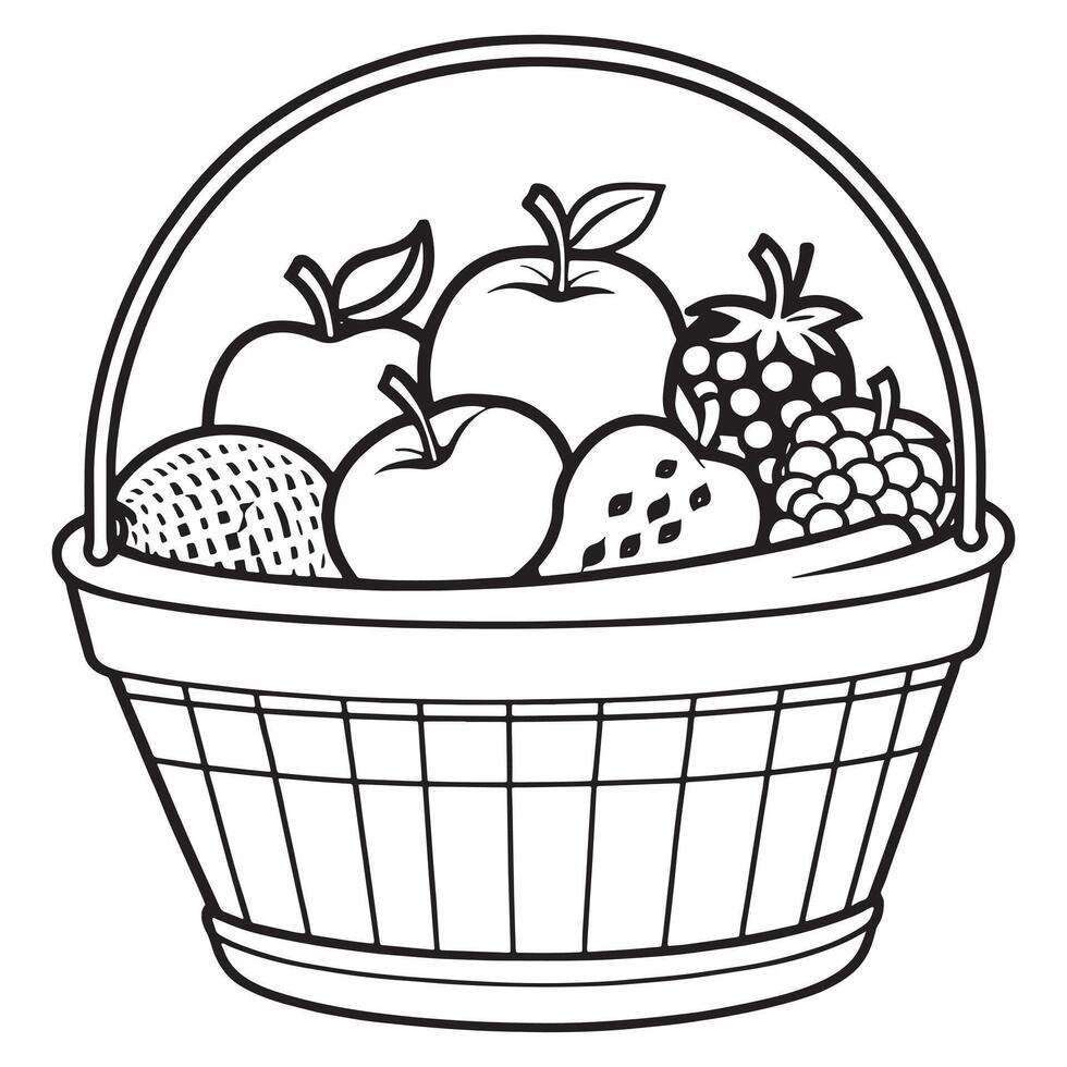 des fruits sur une panier coloration page, des fruits contour dessin coloration livre pages pour les enfants vecteur