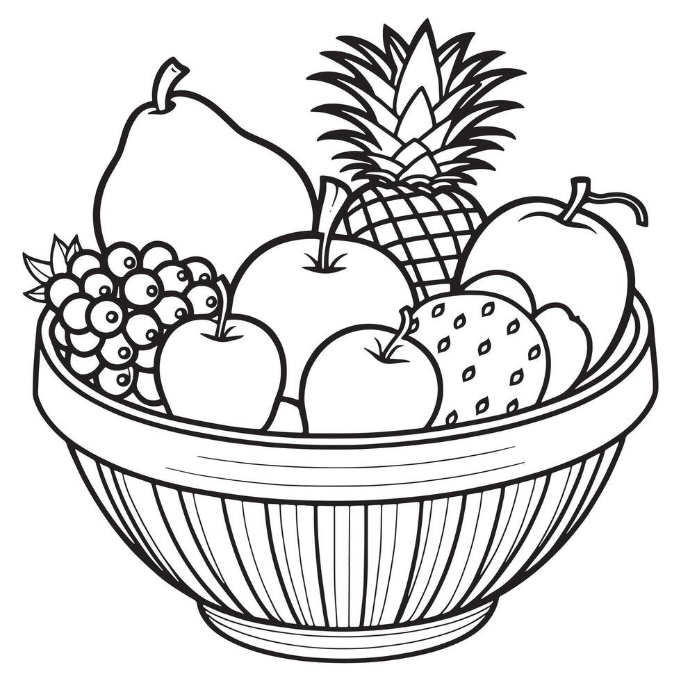 des fruits sur une panier coloration page, des fruits contour dessin coloration livre pages pour les enfants vecteur