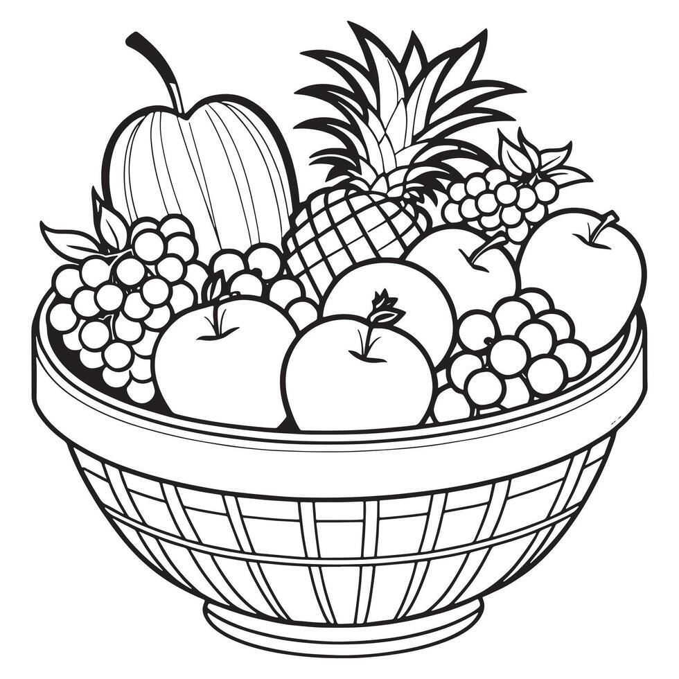 des fruits sur une panier coloration page, des fruits contour dessin coloration livre pages pour les enfants vecteur