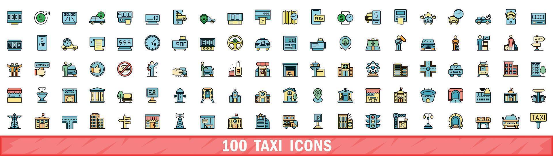 100 Taxi Icônes ensemble, Couleur ligne style vecteur
