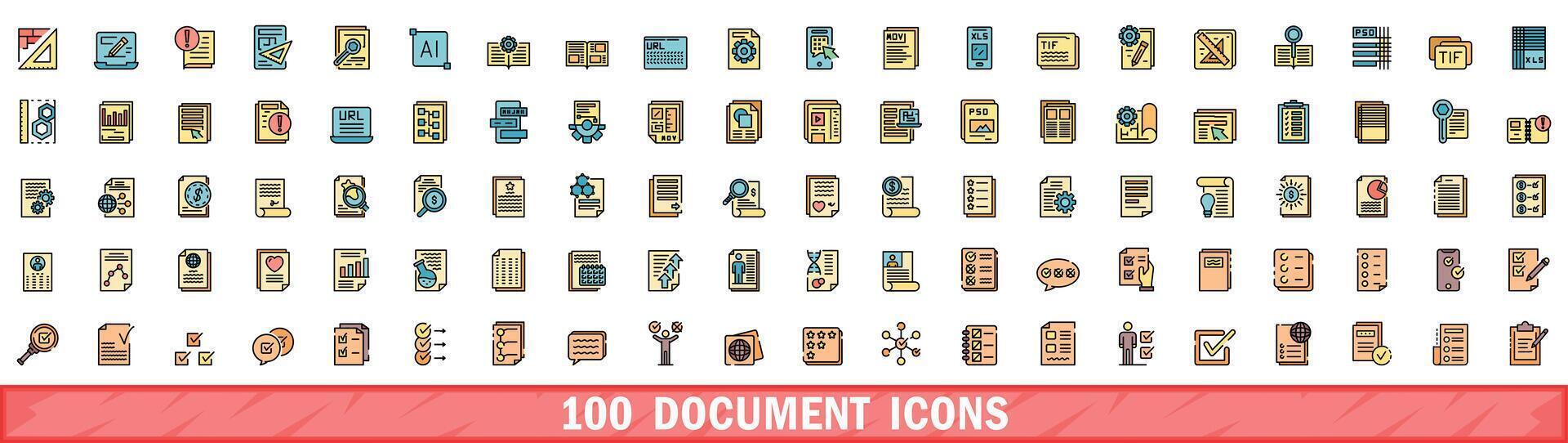 100 document Icônes ensemble, Couleur ligne style vecteur