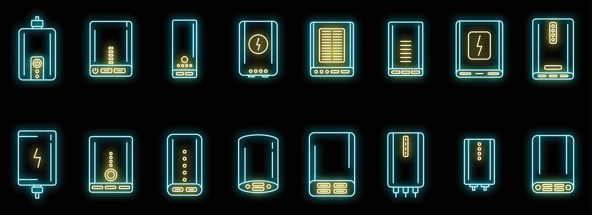 Puissance banque chargeur Icônes ensemble vecteur néon