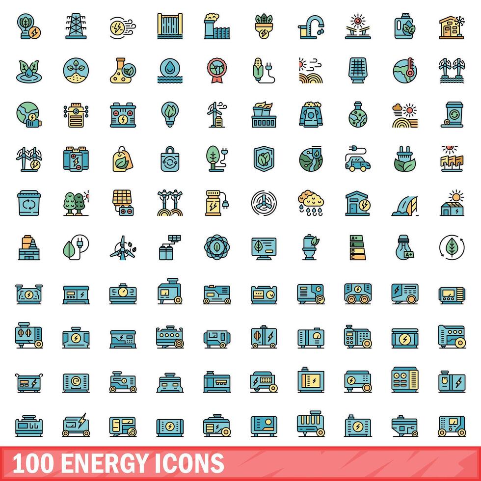 100 énergie Icônes ensemble, Couleur ligne style vecteur