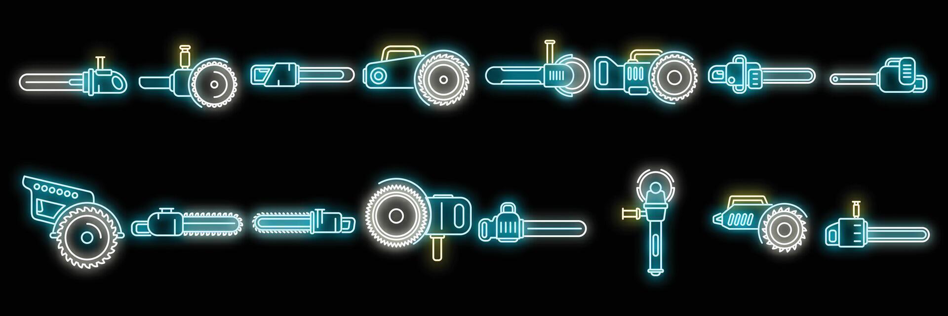 scie électrique, icônes, ensemble, vecteur, néon vecteur