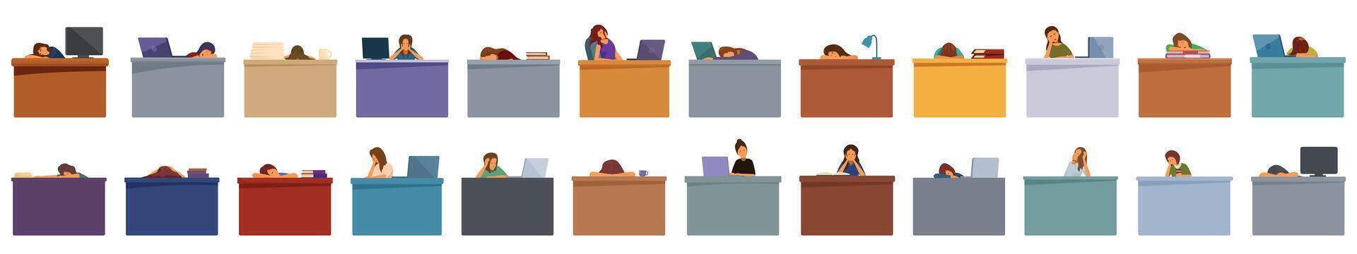 fatigué femme sommeil bureau Icônes ensemble dessin animé vecteur. travail pendant Burnout vecteur