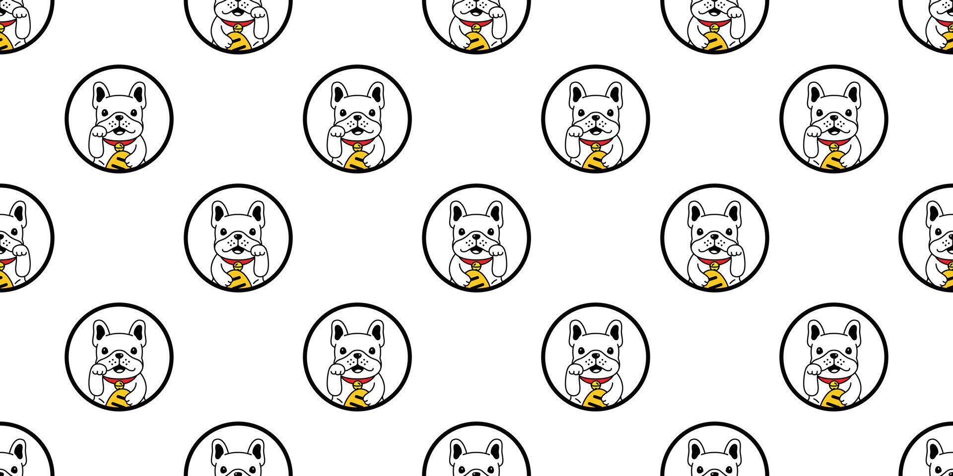 chien sans couture modèle français bouledogue chanceux chat Japon maneki Neko polka point vecteur animal de compagnie dessin animé chiot écharpe isolé répéter fond d'écran tuile Contexte illustration griffonnage conception