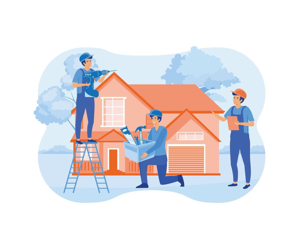 ouvrier réparer le toit. groupe de les constructeurs, les couvreurs, contremaîtres, maison. rénovation, Entretien ménager, réparation concept. plat vecteur moderne illustration