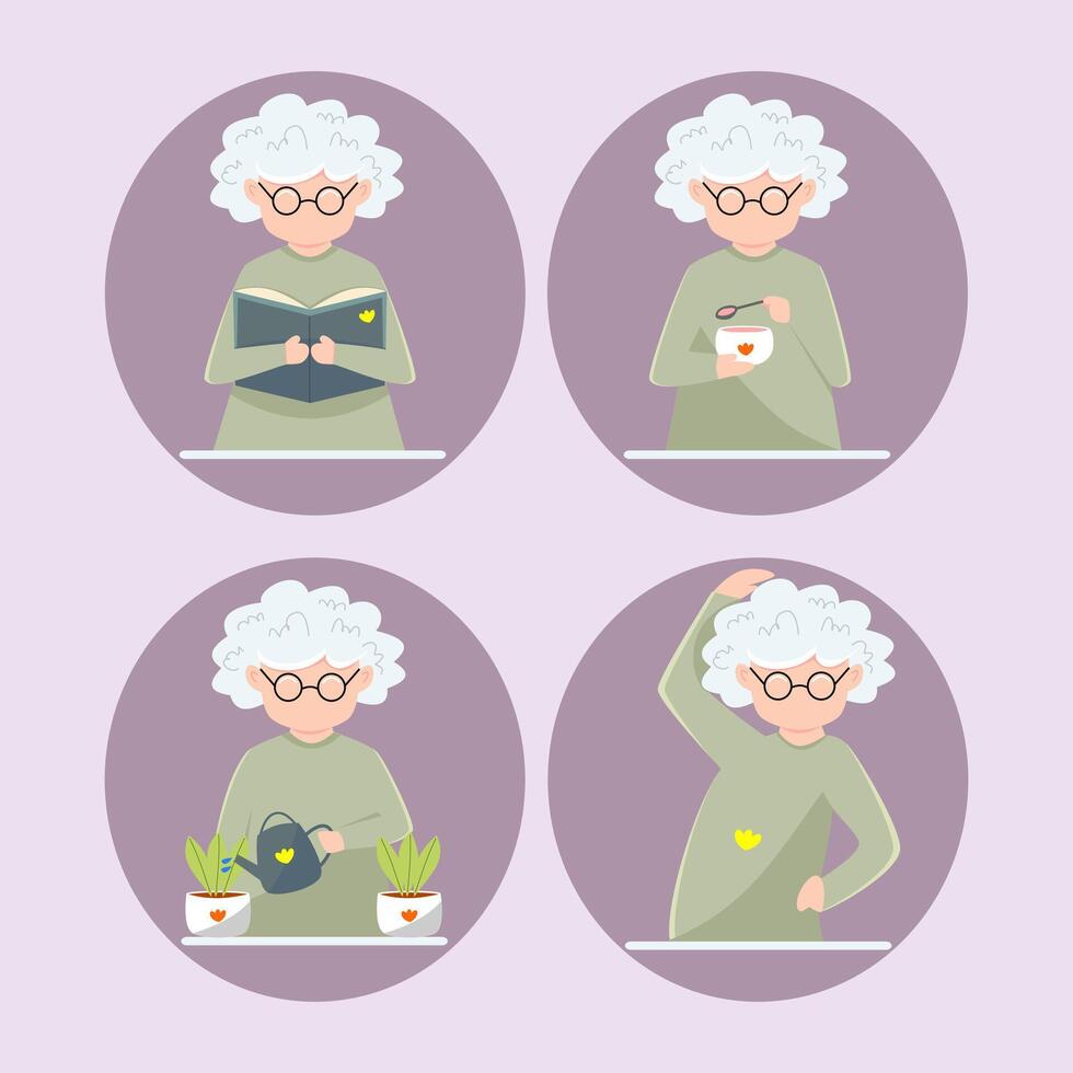 personnes âgées Dame est en lisant, arrosage végétaux, en mangeant et Faire de base exercice vecteur illustration ensemble.