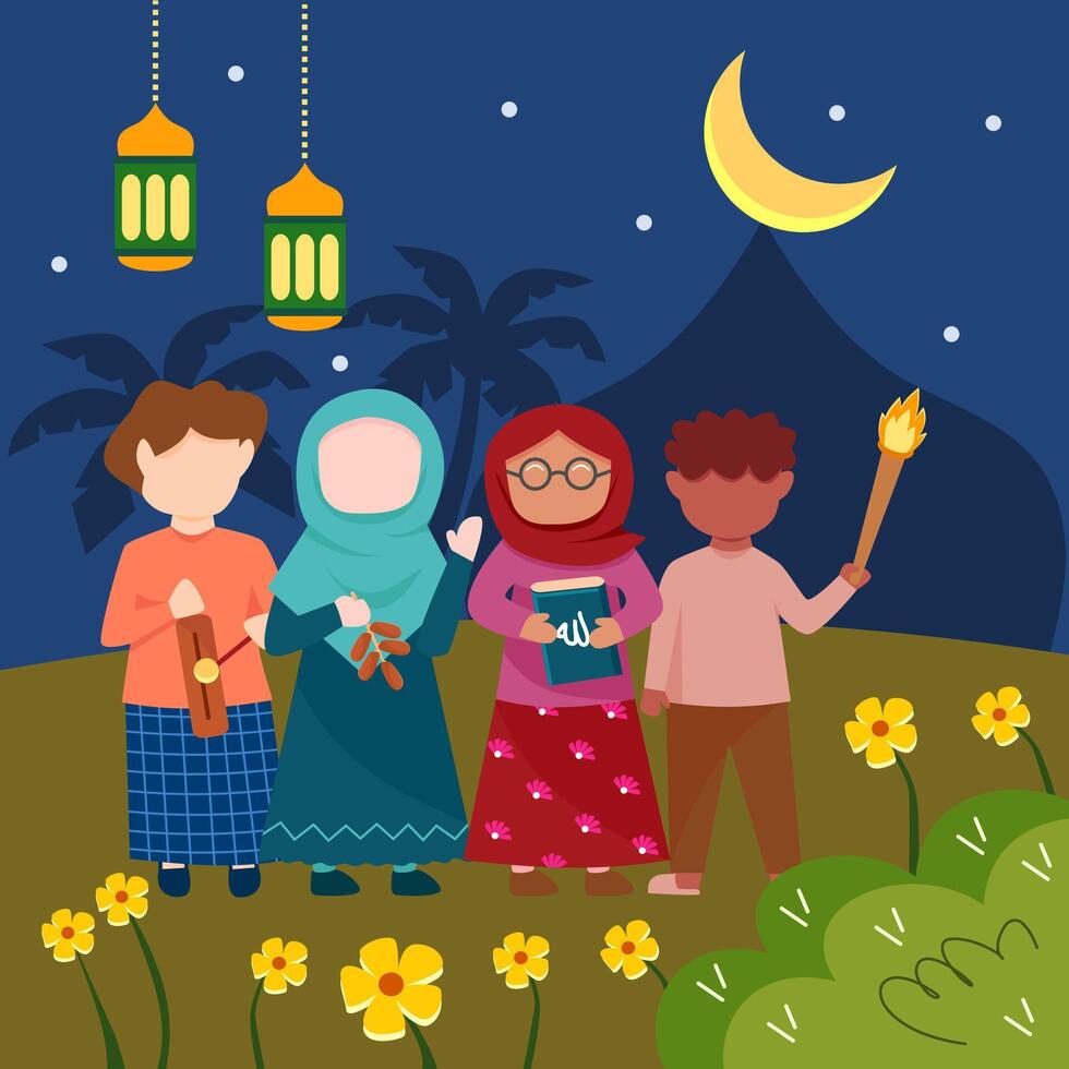 musulman les enfants célébrer Ramadan dans de face de mosquée à le nuit dans village avec lanterne suspendu. vecteur