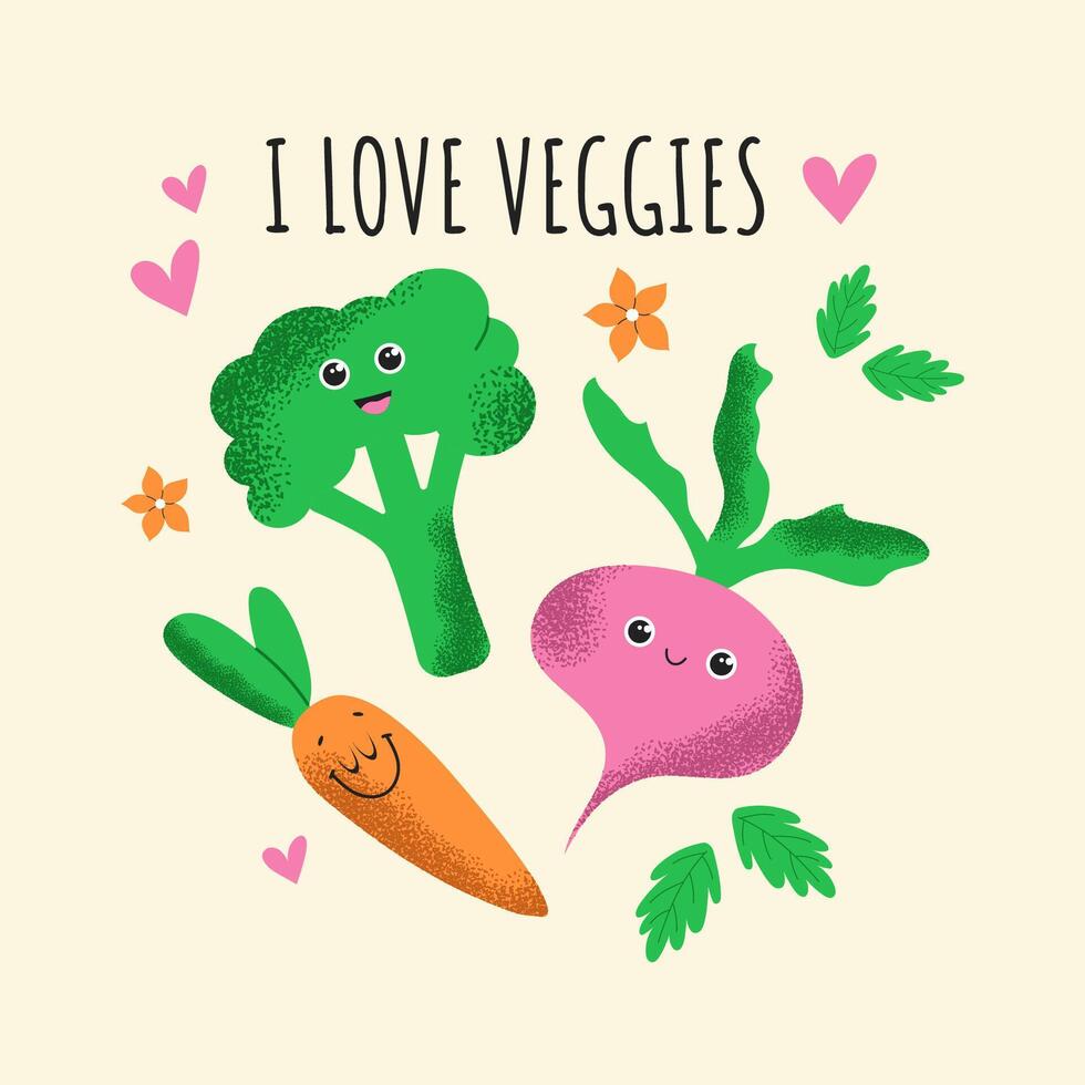 je l'amour légumes mignonne conception avec mascotte des légumes. vecteur illustration pour fourre-tout Sacs, T-shirt, couvertures.