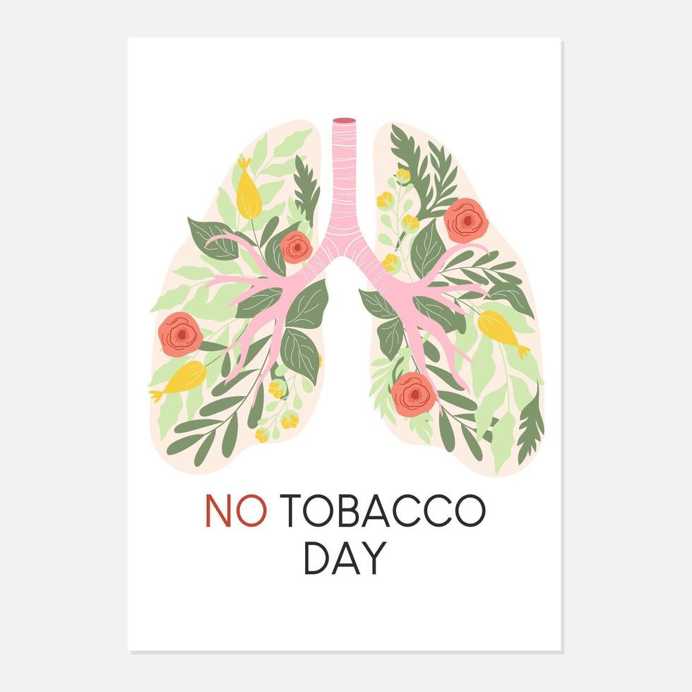 non le tabac journée affiche dans doux couleurs. dessiné à la main Humain poumons plein de fleurs et feuilles. vecteur