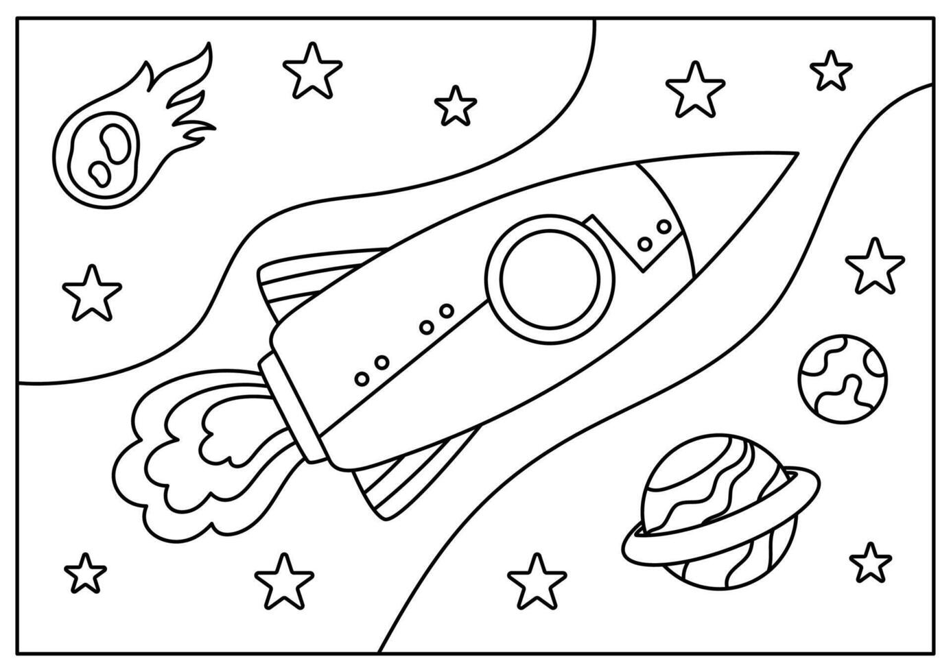 fusée dans espace coloration page pour enfant imprimable vecteur