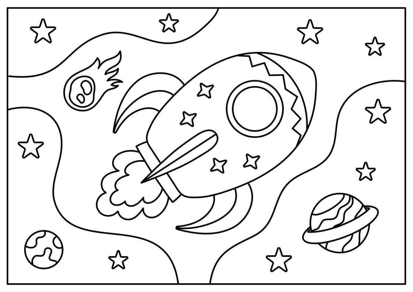 fusée dans espace coloration page pour enfant imprimable vecteur