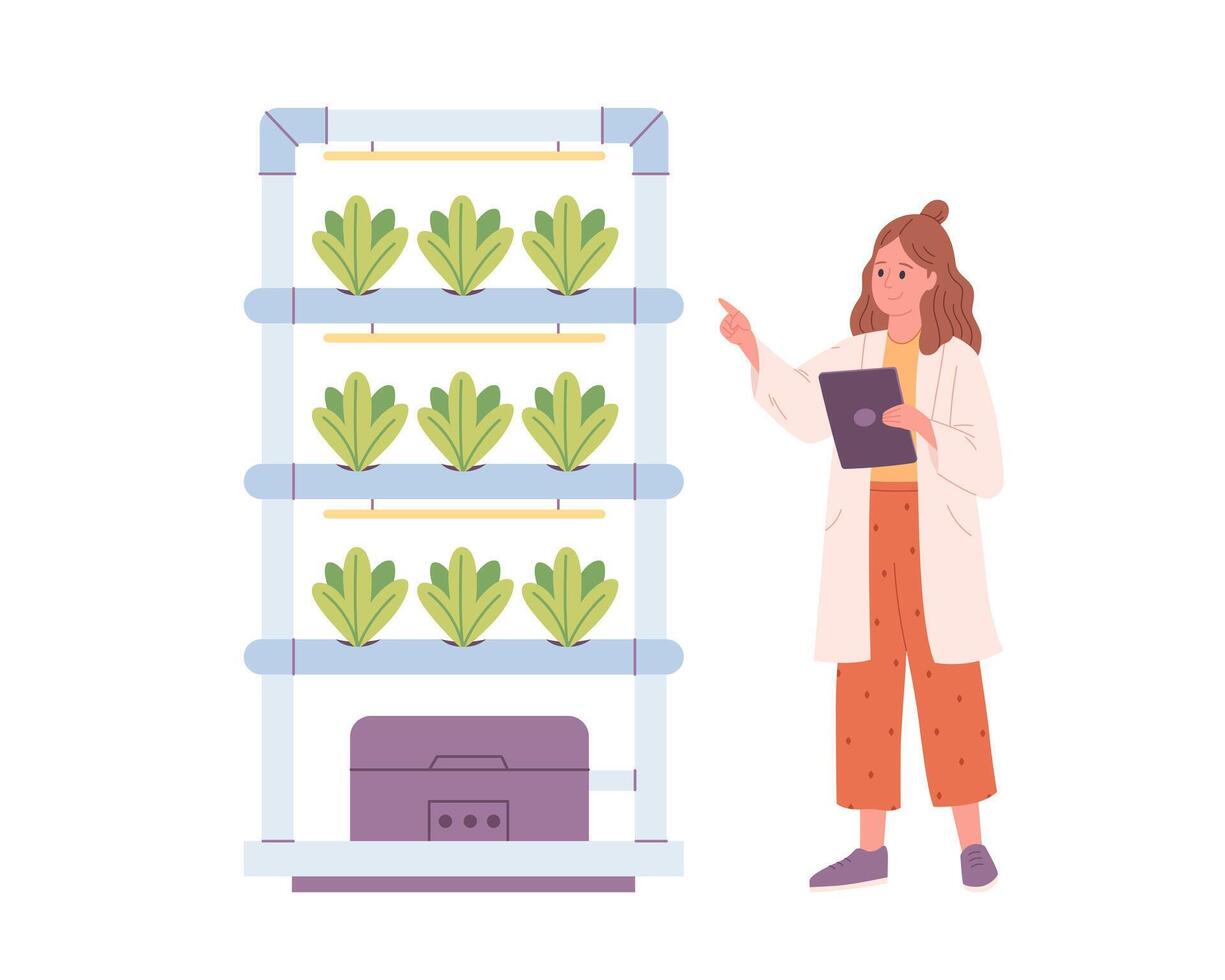 hydroponique La technologie pour les plantes croissance. verticale agriculture. scientifique ou biologiste grandit les plantes dans hydroponique cultiver. intelligent ferme vecteur