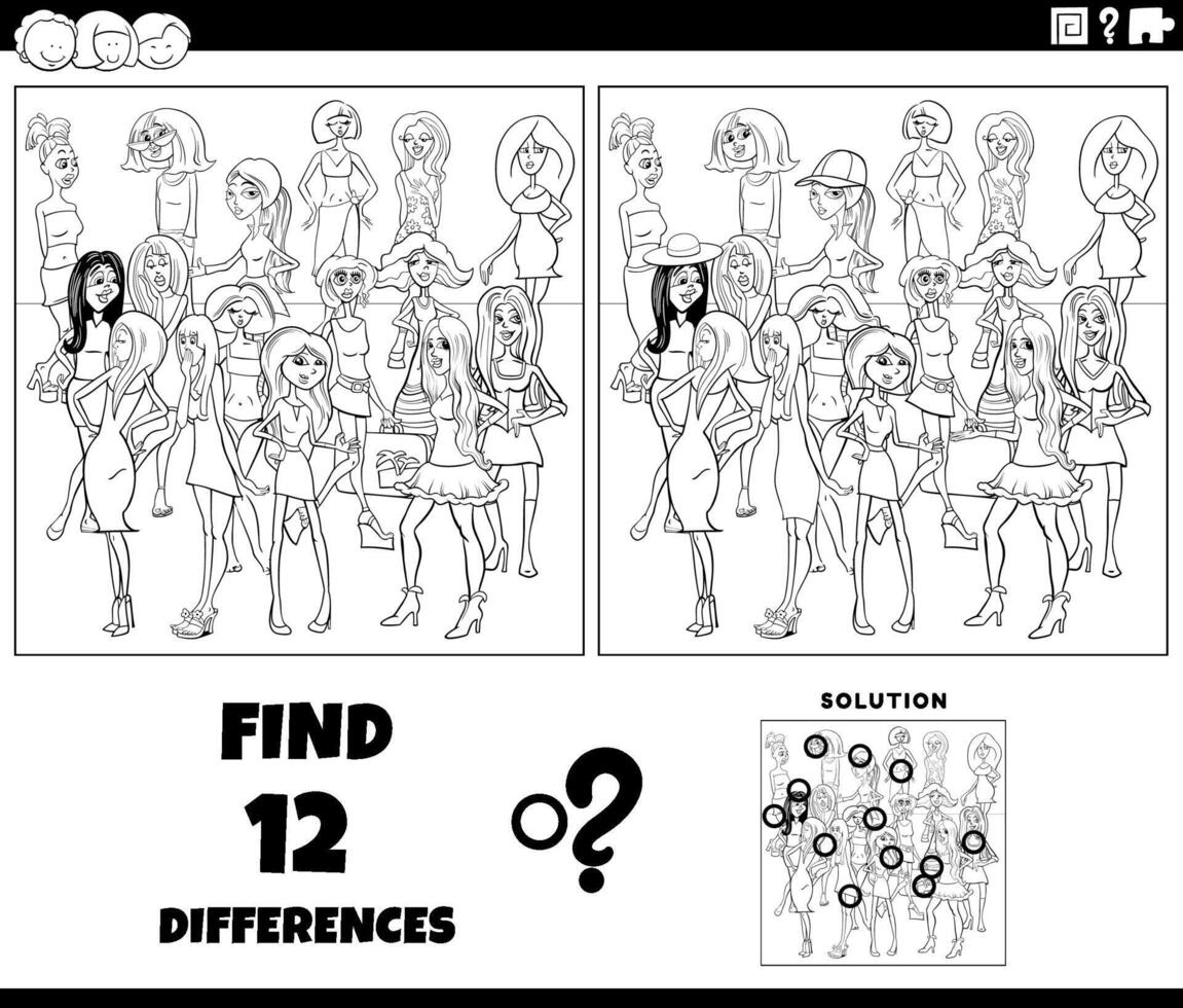 différences Jeu avec dessin animé Jeune femmes coloration page vecteur