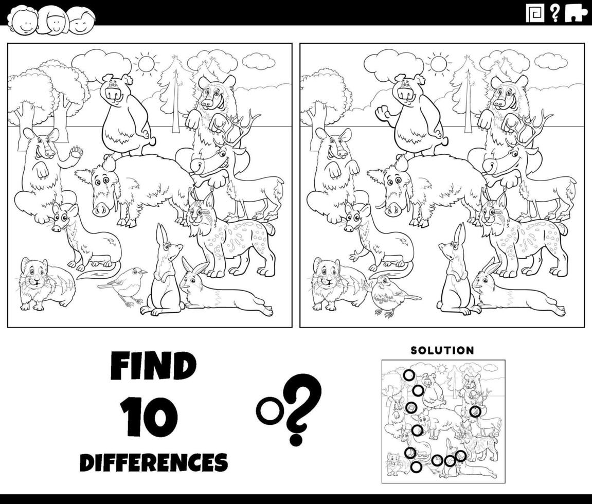 différences activité avec dessin animé sauvage animaux groupe coloration page vecteur