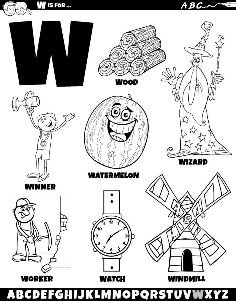 lettre w ensemble avec dessin animé objets et personnages coloration page vecteur