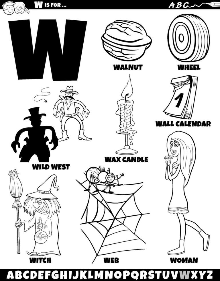 lettre w ensemble avec dessin animé objets et personnages coloration page vecteur
