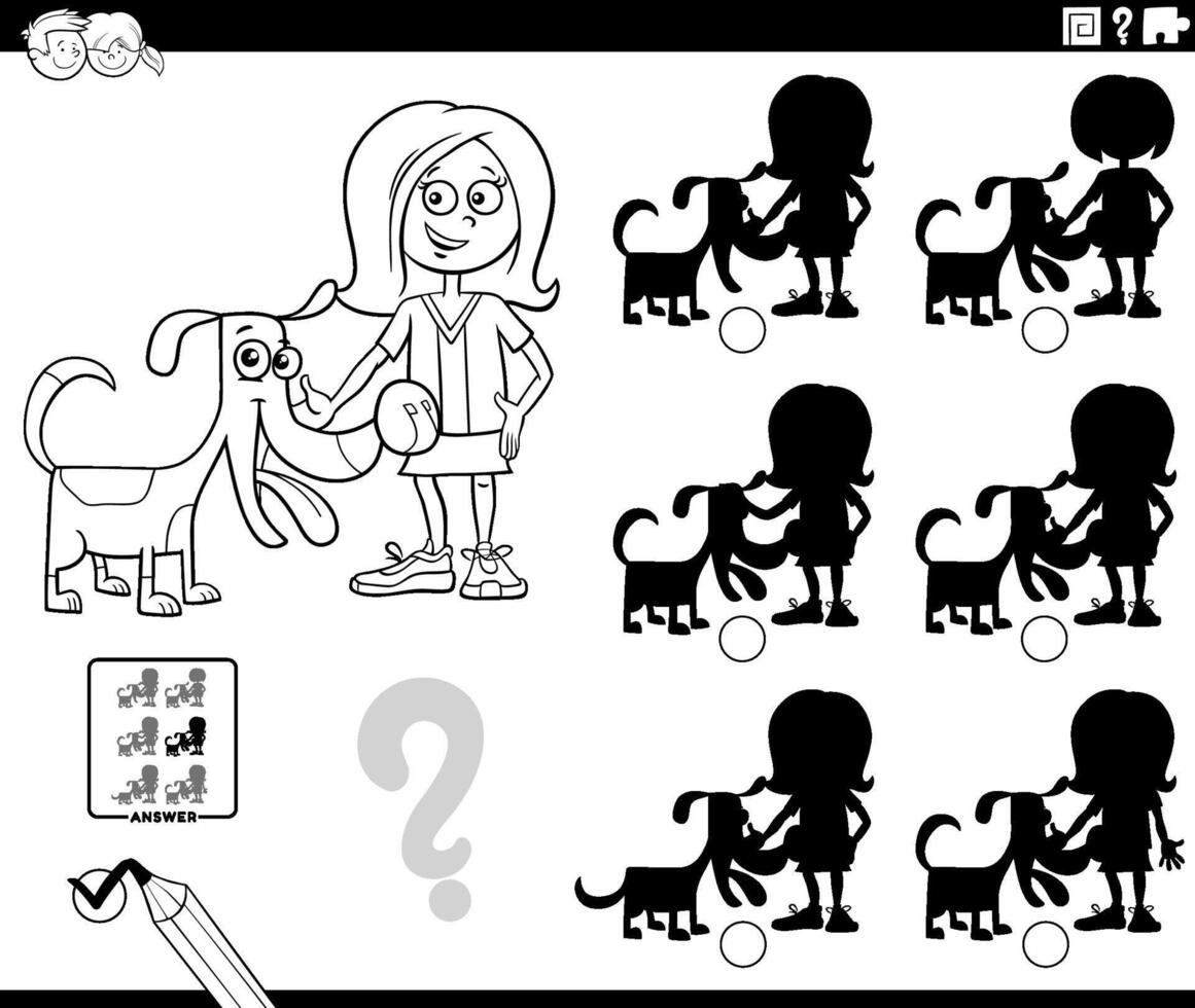 ombre Jeu avec dessin animé fille et sa animal de compagnie chien coloration page vecteur