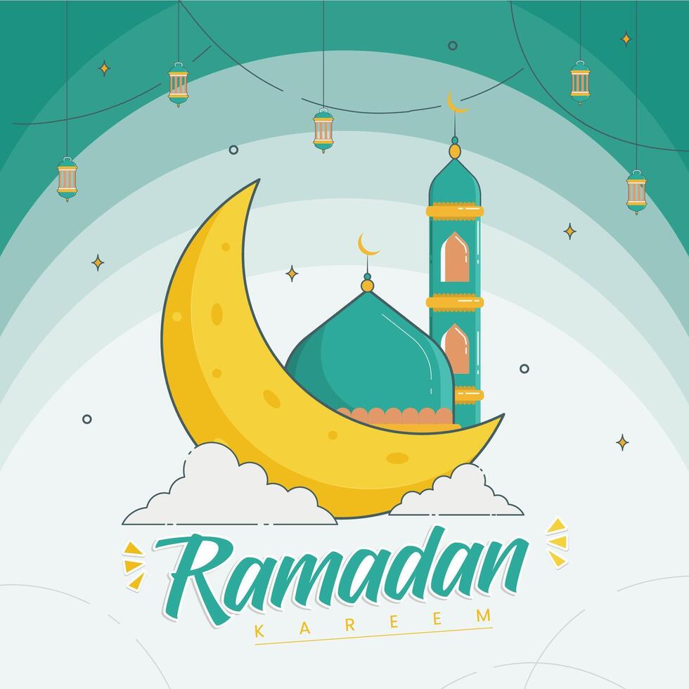 Ramadan lune dans foncé violet ciel arrière-plan, Ramadan Moubarak, Ramadan Karim, typographie modèle. vecteur