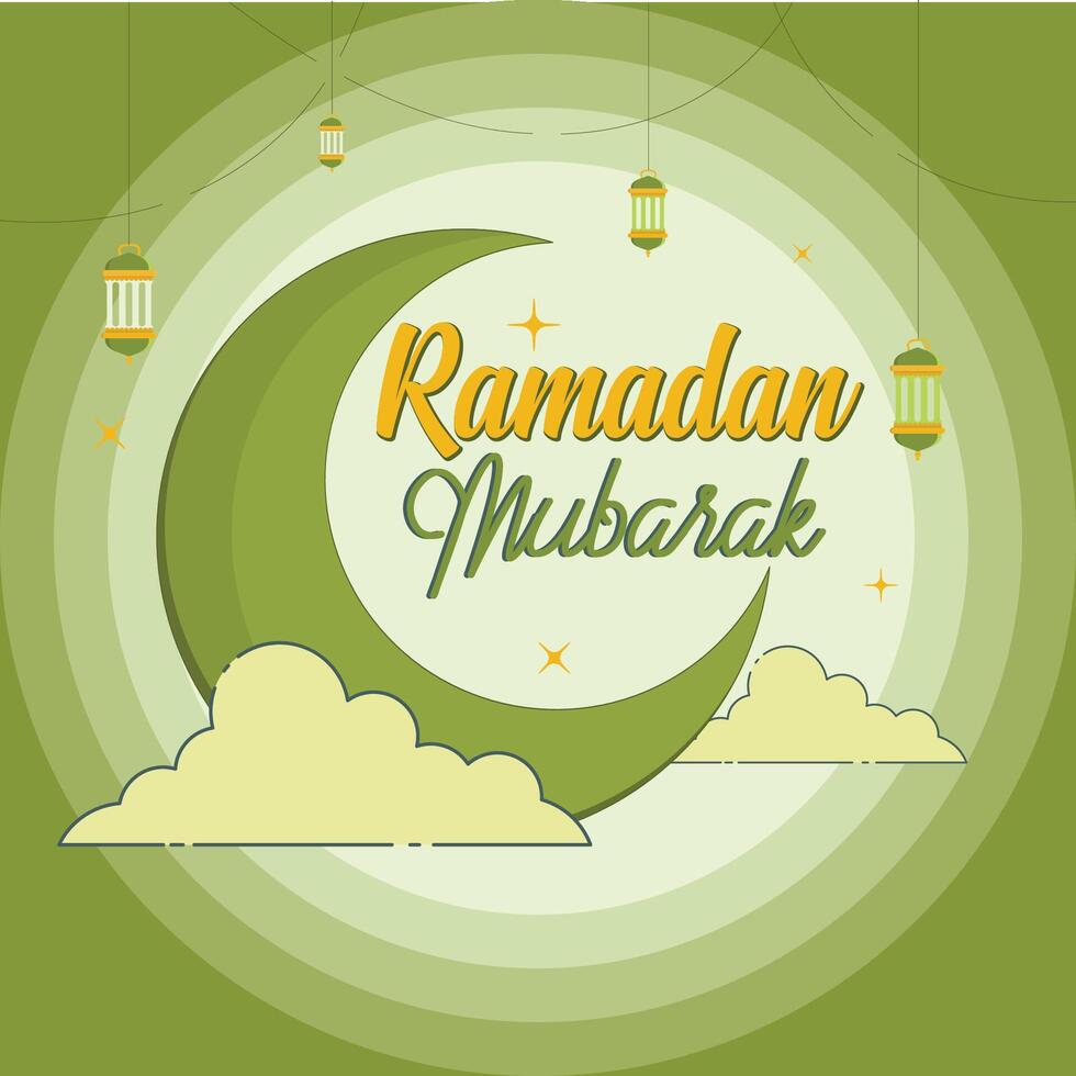 Ramadan lune dans foncé vert ciel arrière-plan, Ramadan Moubarak, Ramadan Karim, typographie modèle. vecteur