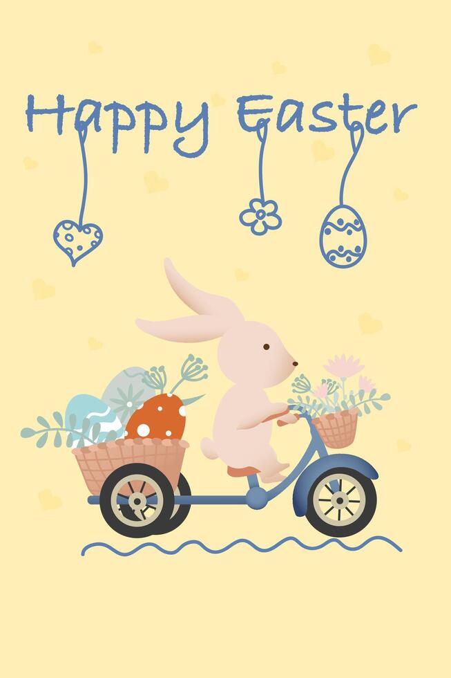 Pâques lapin sur une vélo. panier avec Pâques des œufs. illustration dans rétro style. main dessiné. vecteur