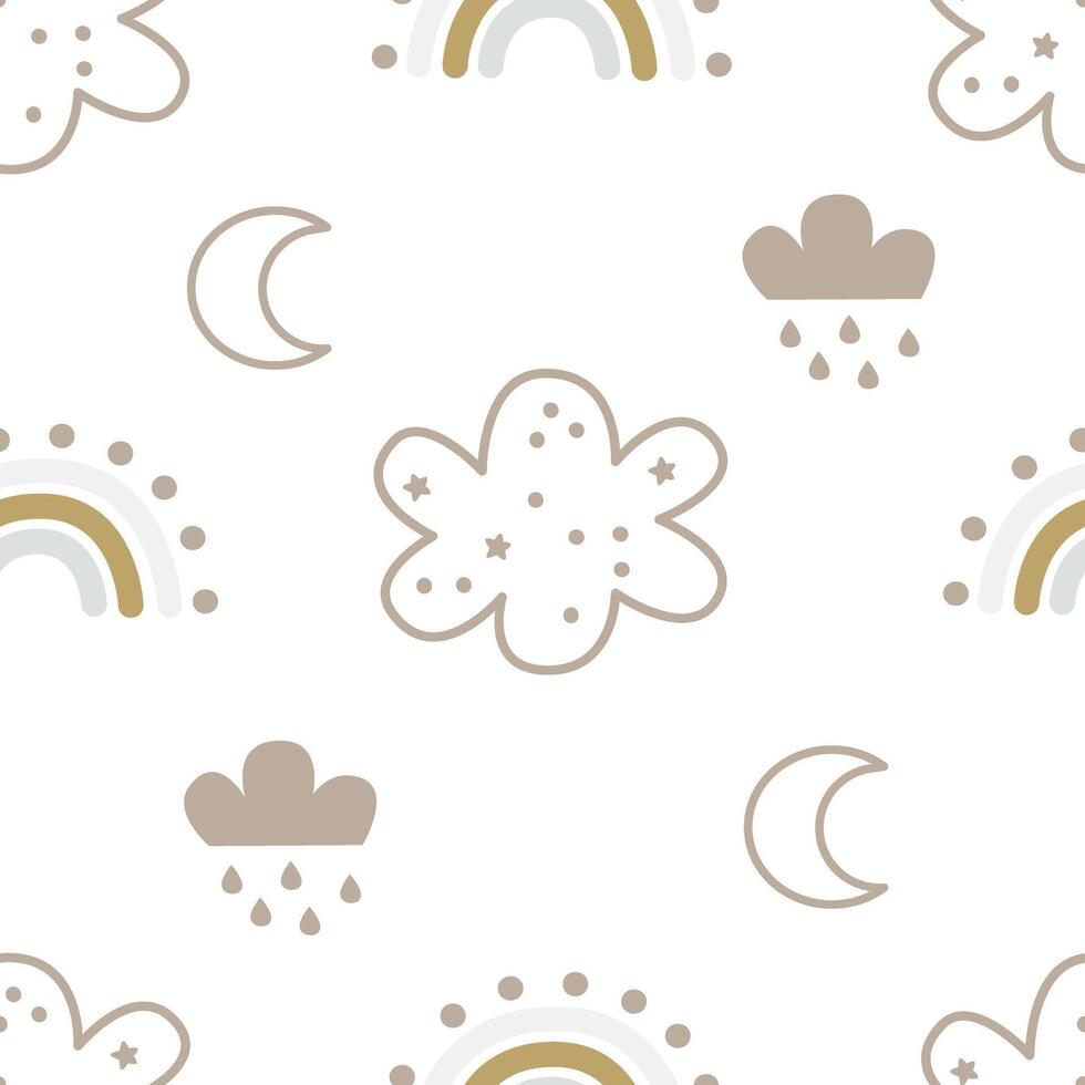 sans couture modèle avec dessin animé nuage, arc-en-ciel, décor éléments. coloré vecteur plat style pour enfants. espace. main dessin. bébé conception pour tissu, imprimer, emballage, textile