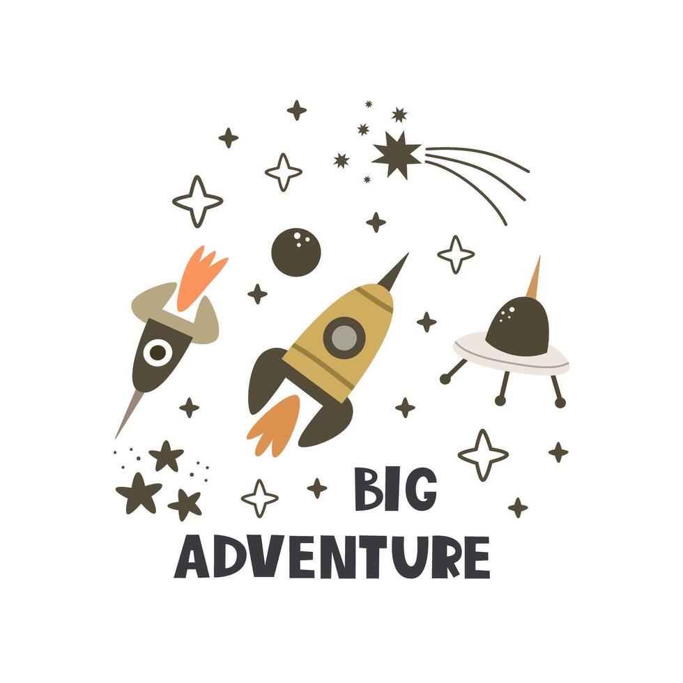 gros aventure. dessin animé vaisseau spatial, main dessin caractères, décor éléments. coloré vecteur illustration pour enfants. plat style. bébé conception pour cartes, affiches, T-shirt imprimer.