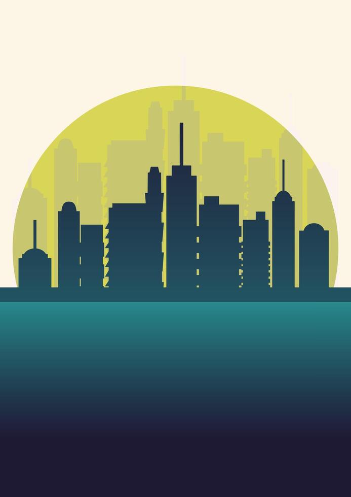 Matin ciel et ville par le mer silhouette illustration. moderne Contexte avec lever du soleil dans ville port vecteur