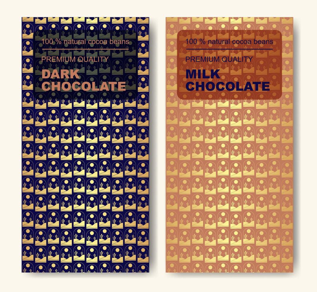 biologique foncé et Lait Chocolat bar d'or conception. géométrique paquet ensemble. moderne typographie vecteur