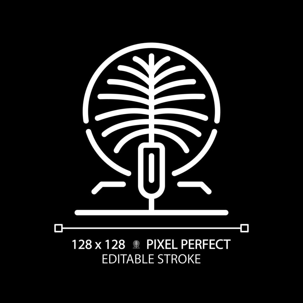 Dubai artificiel en forme de paume île blanc linéaire icône pour foncé thème. luxe Hôtel. monde classe station balnéaire. romantique Voyage. mince ligne illustration. isolé symbole pour nuit mode. modifiable accident vasculaire cérébral vecteur