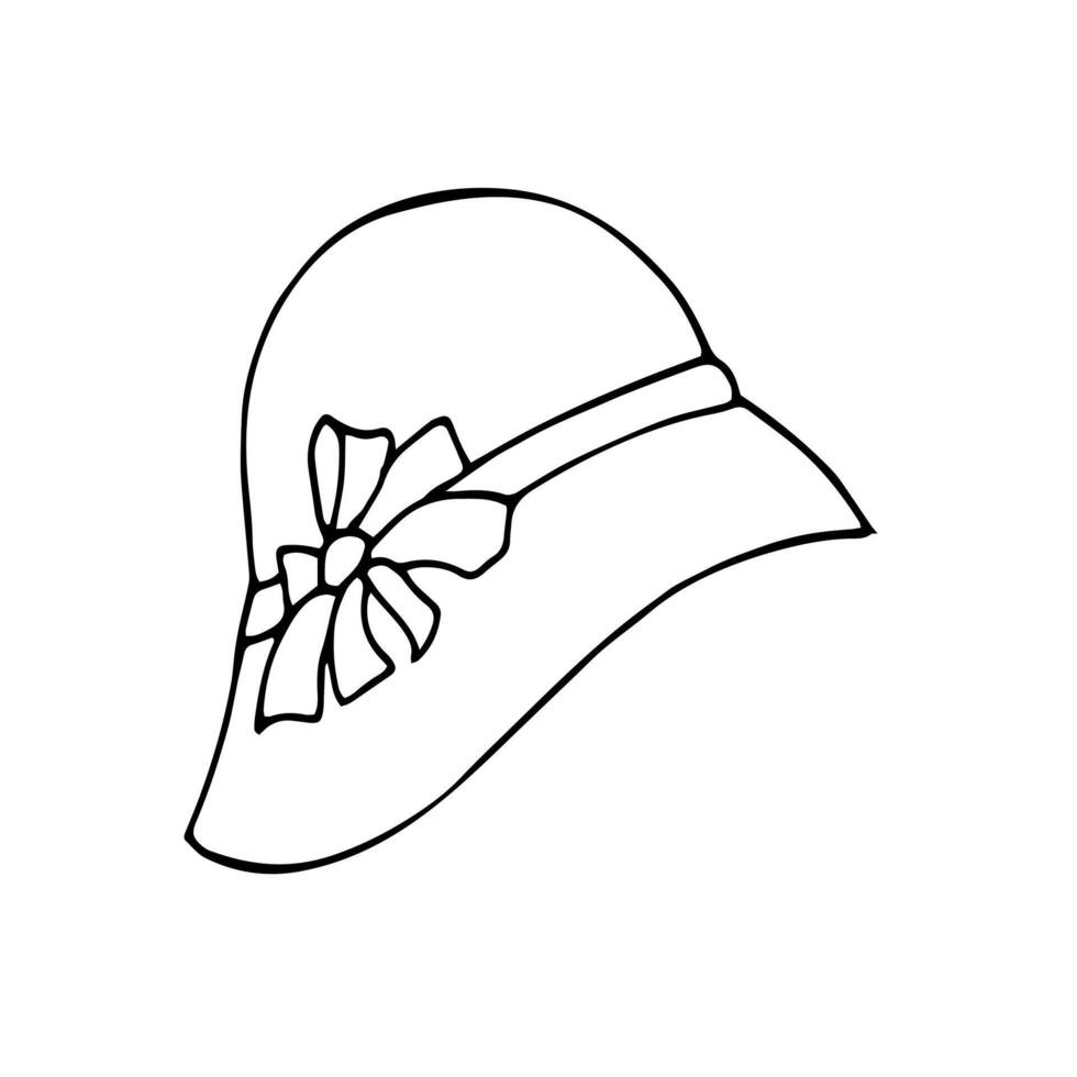 dessiné à la main mode aux femmes paille chapeau avec ruban et fleur sur il. tête accessoire griffonnage isolé sur blanche. Années 30 mode. vecteur