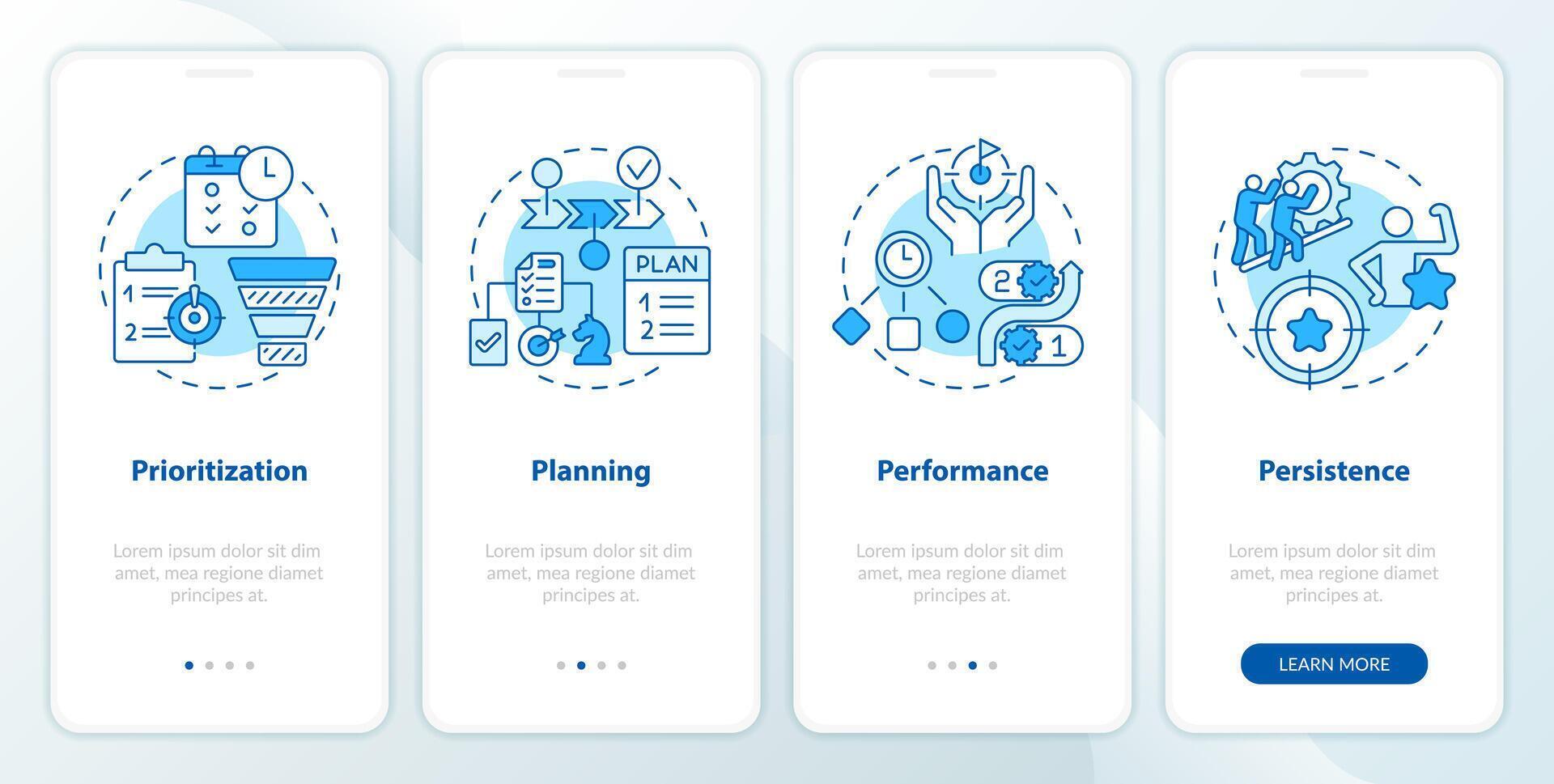 temps la gestion priorisation bleu l'intégration mobile app filtrer. procédure pas à pas 4 pas modifiable graphique instructions avec linéaire concepts. interface utilisateur, ux, gui modèle vecteur