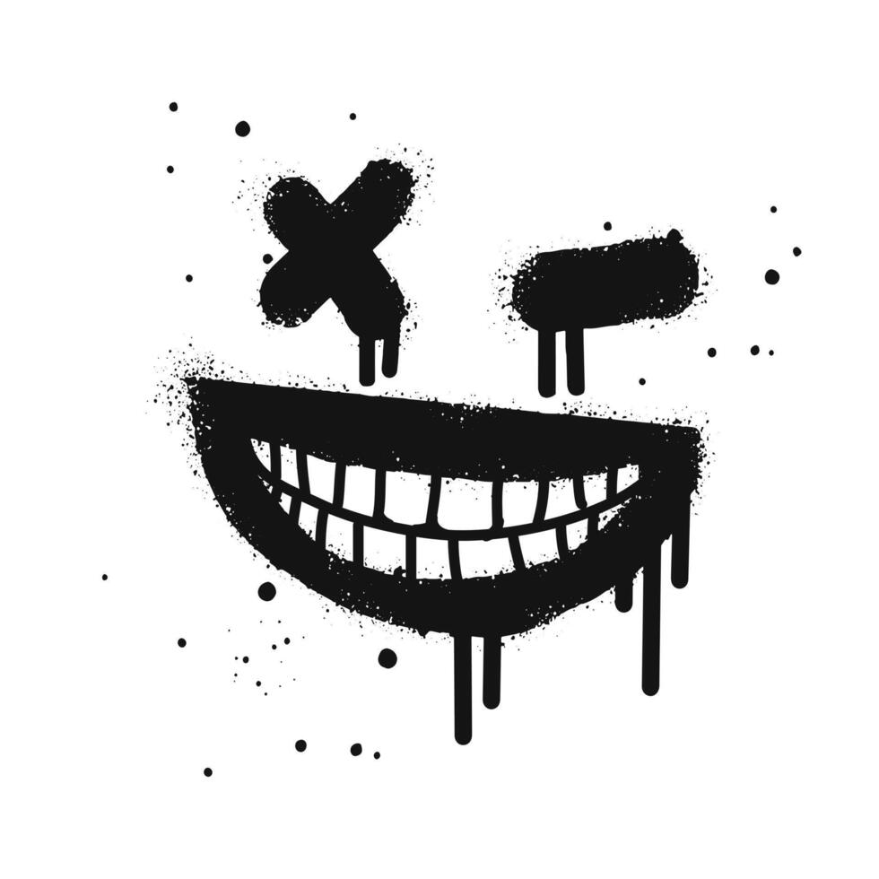 souriant visage emoji personnage. vaporisateur peint graffiti sourire visage dans noir plus de blanche. isolé sur blanc Contexte. vecteur illustration