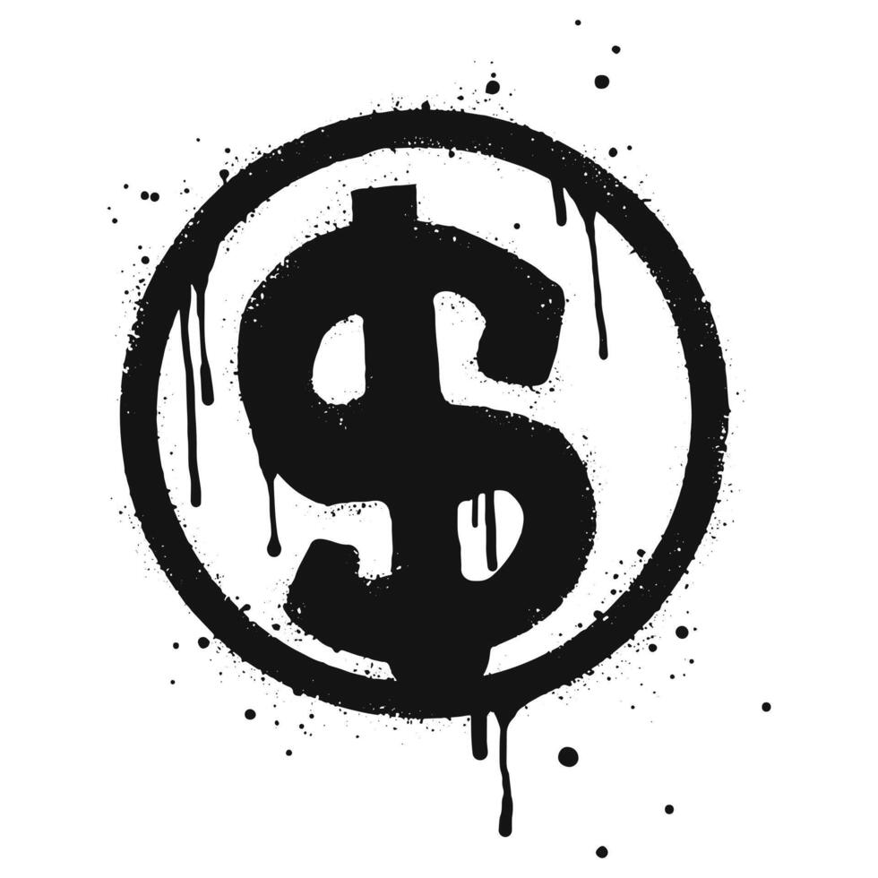 Monnaie graffiti peinte à la bombe en noir sur blanc. gouttes d'icône dollar pulvérisé. isolé sur fond blanc. illustration vectorielle vecteur