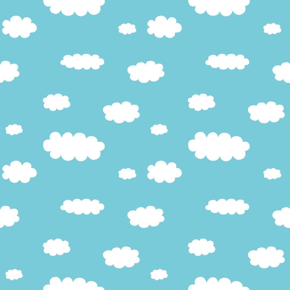 mignonne dessin animé blanc des nuages sur lumière bleu Contexte. griffonnage sans couture modèle vecteur. minimal fond d'écran. conception pour tissu, textile, enfant vêtements, chemise, jupe, robe, drap de lit, pyjamas, nuit costume. vecteur