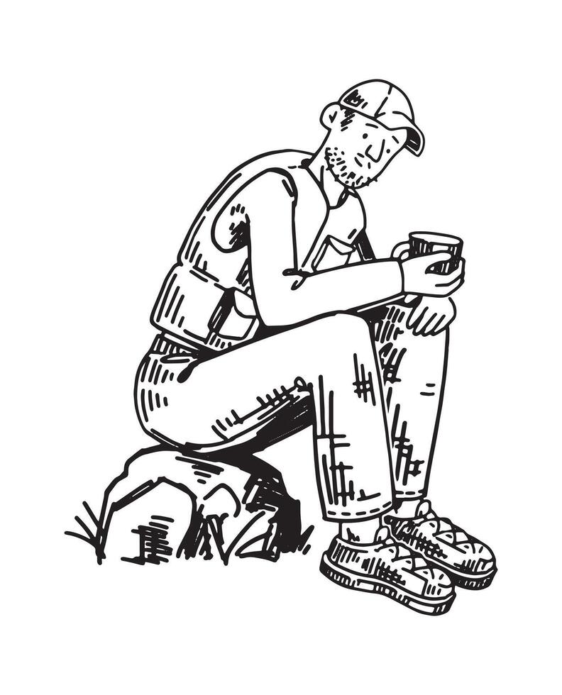 voyageur esquisser, touristique clipart. griffonnage de une homme est assis avec une tasse dans le sien main. main tiré vecteur illustration dans gravure style.