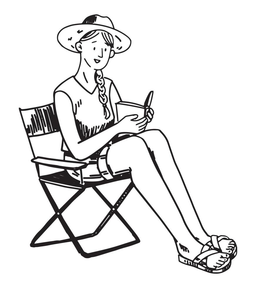 campeur esquisser, touristique clipart. griffonnage de une fille lit une livre sur une pliant chaise. main tiré vecteur illustration dans gravure style.