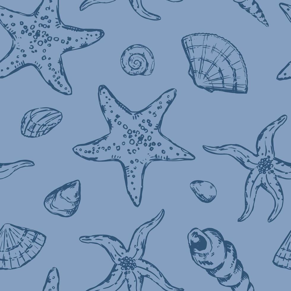 abstrait mer ornement. croquis de étoiles de mer, coquilles, des pierres, algue, corail. vecteur sans couture modèle de sous-marin vie. rétro contour style conception.