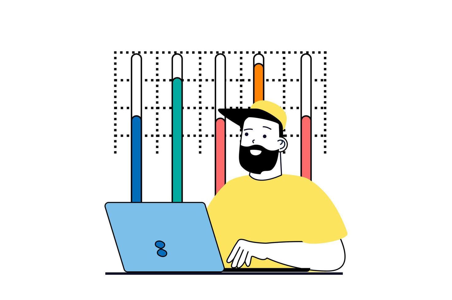 Les données une analyse concept avec gens scène dans plat la toile conception. homme fabrication marché recherche et travail avec graphiques tableau de bord à portable. vecteur illustration pour social médias bannière, commercialisation matériel.