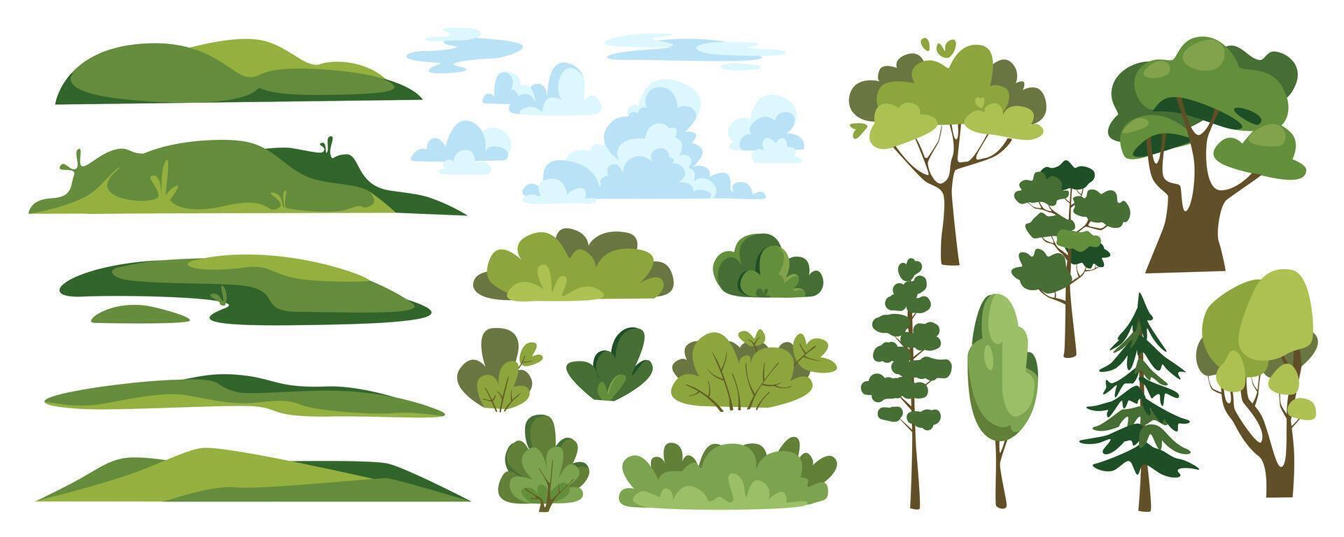 été paysage éléments constructeur méga ensemble dans plat graphique conception. créateur trousse avec vert collines, duveteux des nuages, des buissons et différent des arbres, forêt végétaux, des bois écosystème. vecteur illustration.