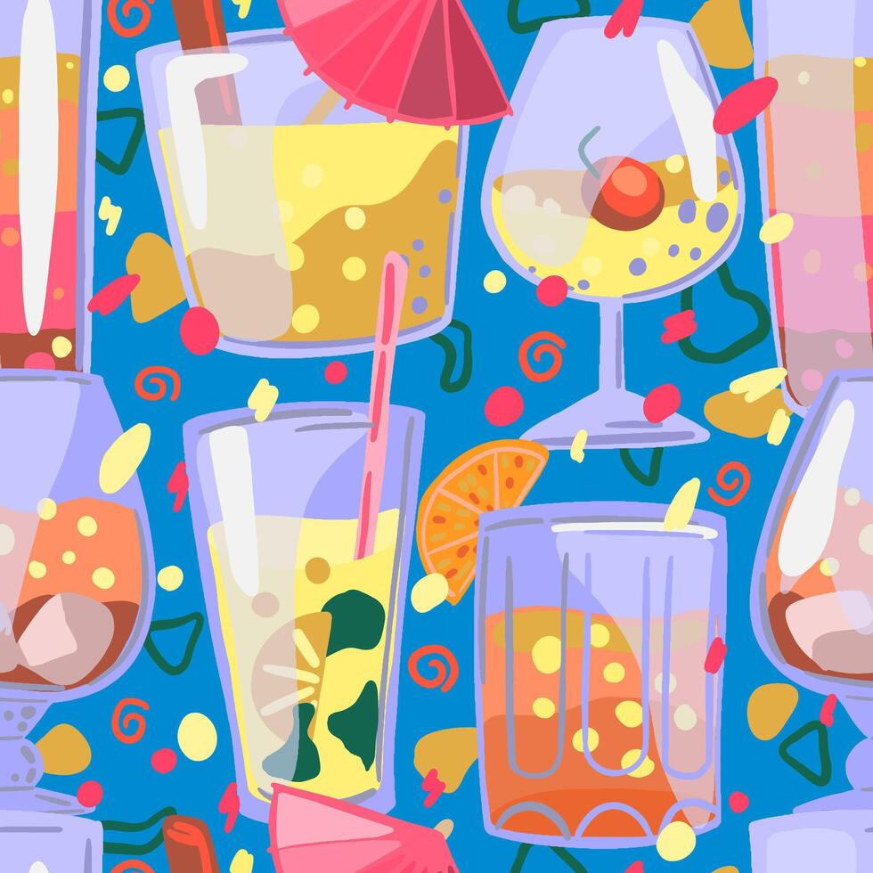 brillant cocktails, breuvages dans des lunettes sans couture modèle. coloré ornement dans dessin animé style. abstrait conception pour été imprimer, envelopper, décor, tissu, textile, arrière-plan, fonds d'écran. vecteur