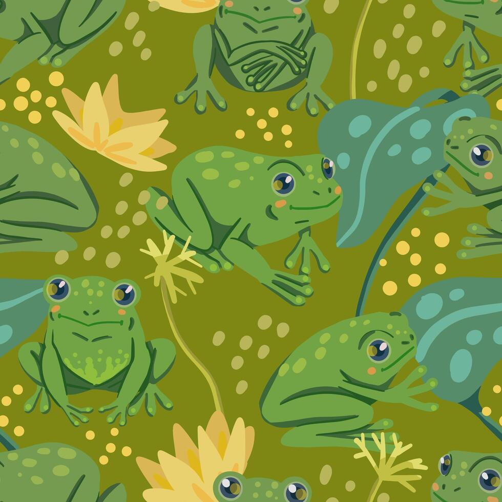 mignonne grenouilles, l'eau lis feuilles, marais les plantes. abstrait vecteur sans couture modèle. coloré dessin animé ornement avec animaux. marrant conception pour imprimer, tissu, textile, arrière-plan, fond d'écran, envelopper, carte, décor.