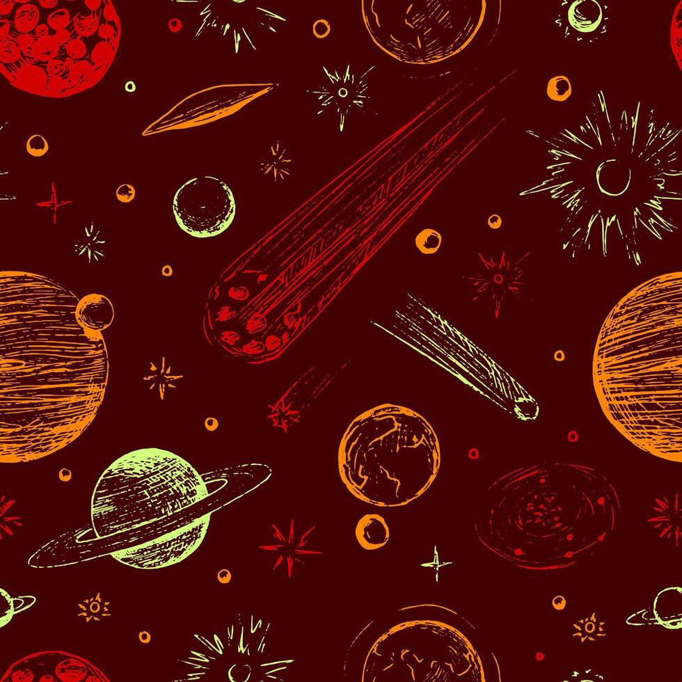 cosmique espace sans couture modèle. abstrait ornement de planètes, étoiles, comètes, astéroïdes, galaxies. main tiré vecteur astronomie illustrations.