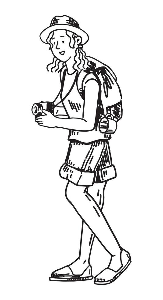 voyageur esquisser, touristique clipart. griffonnage de femme en marchant avec sac à dos et caméra. main tiré vecteur illustration dans gravure style.