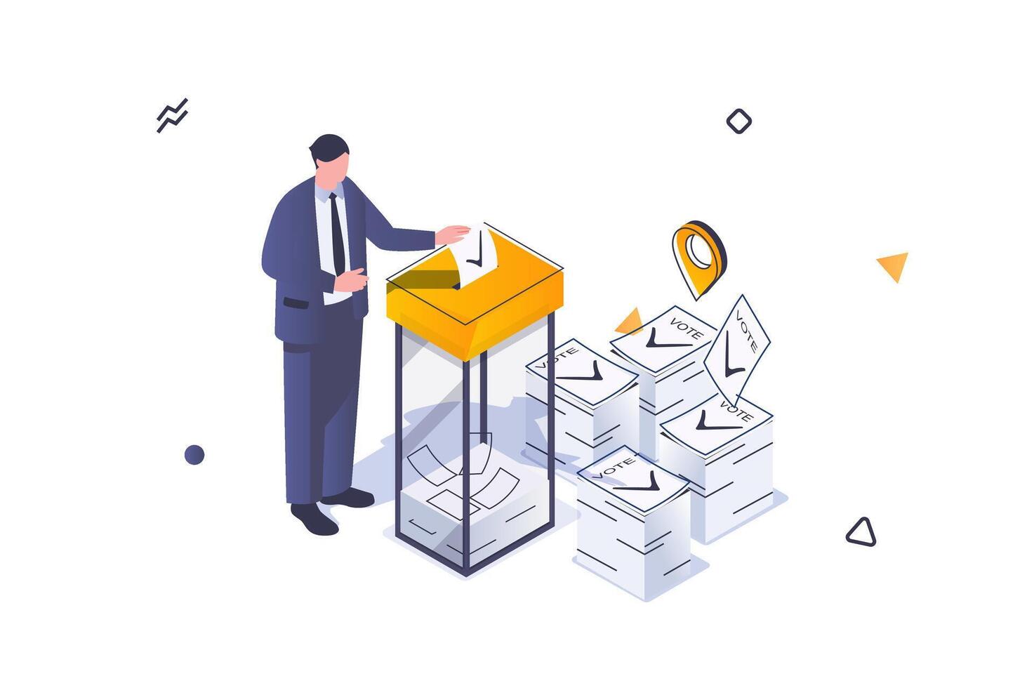 élection et vote concept dans 3d isométrique conception. homme votes dans démocratique élection et met le sien scrutin dans boîte dans confidentiel stand. vecteur illustration avec isométrique gens scène pour la toile graphique